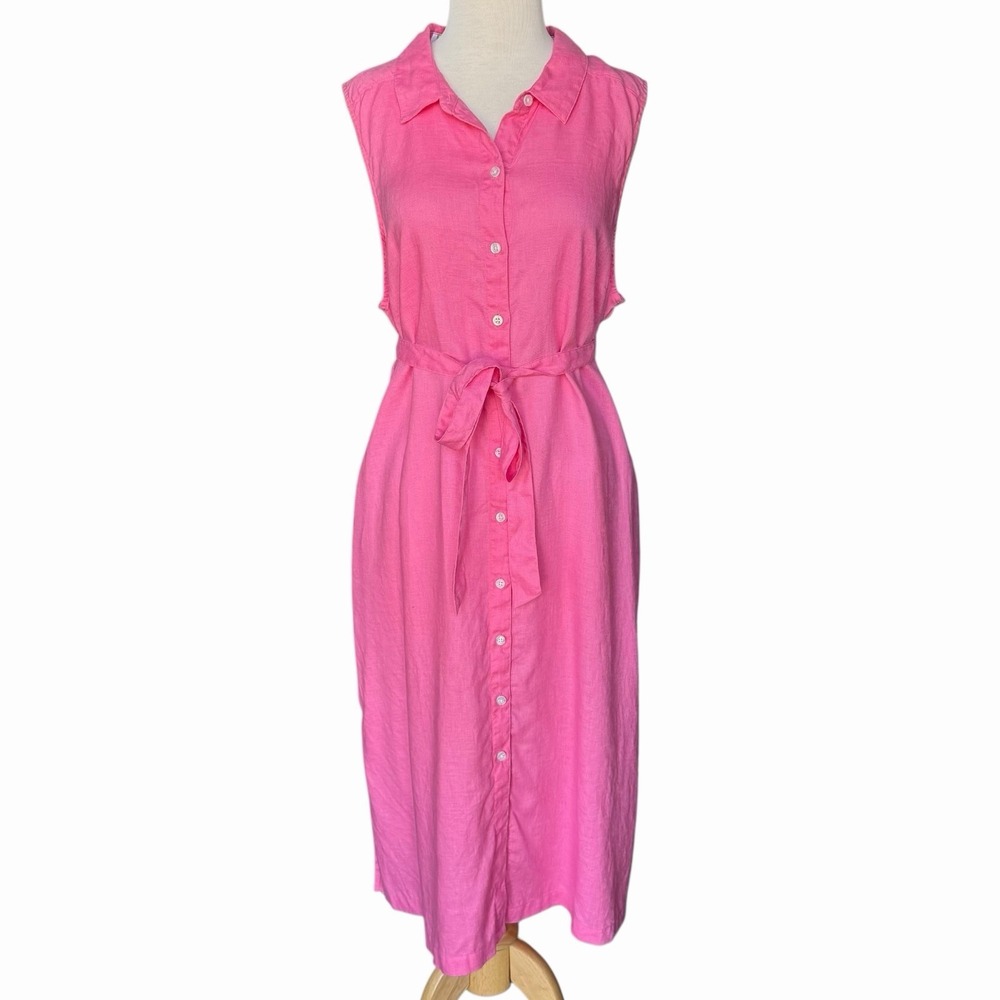 Tommy Bahama Pink LINEN Sleeveless Button-Front Midi Shirt Dress